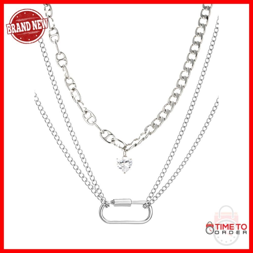 Silver Tone Layered Chain Necklace Set Crystal Heart Lock Pendant Adjustable